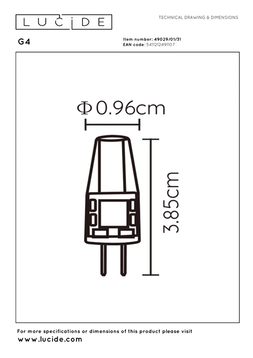 Lucide G4 - Ampoule led - Ø 0,9 cm - LED - G4 - 1x1,5W 2700K - Transparent - technique